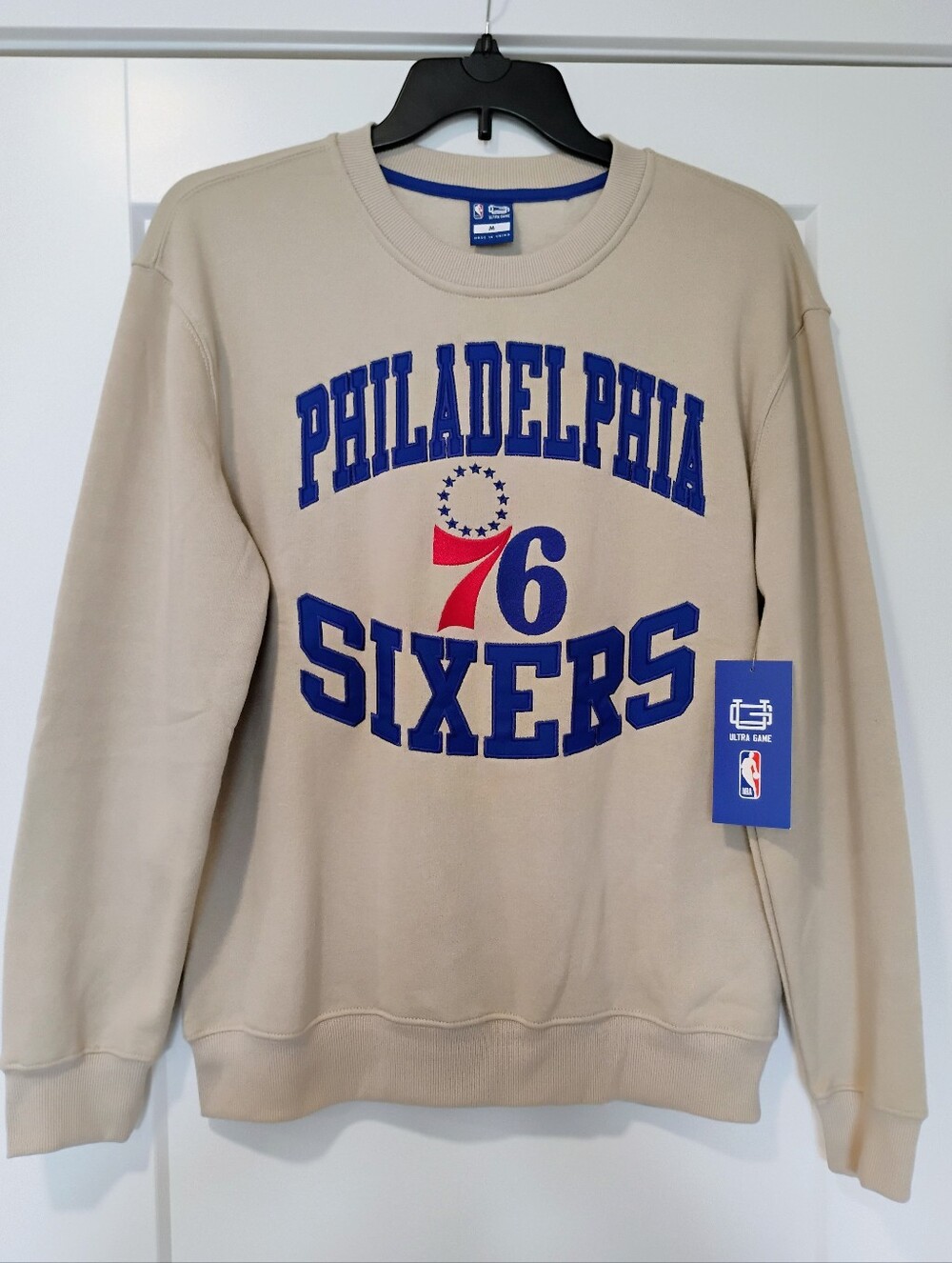 NWT M Ultra Game NBA Philadelphia 76ers Logo XX Team Crew Tan Sweatshirt NEW